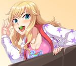  blonde_hair blue_eyes blush breast_rest breasts candy cleavage dan_(orange_train) food idolmaster idolmaster_cinderella_girls jewelry large_breasts lollipop long_hair looking_at_viewer necklace ootsuki_yui open_mouth smile star 