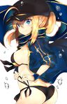  absurdres ahoge artoria_pendragon_(all) ass bangs baseball_cap bikini black_bikini black_scarf blonde_hair blue_eyes breasts commentary_request cowboy_shot fate_(series) grin hair_between_eyes hat highres long_hair looking_at_viewer looking_back medium_breasts mysterious_heroine_x open_track_jacket parted_lips ponytail ranf rojiura_satsuki:_chapter_heroine_sanctuary scarf side-tie_bikini sideboob simple_background sleeves_rolled_up smile solo swimsuit tying water_drop white_background 