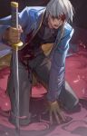  1boy blood blood_on_clothes blood_on_face blue_coat blue_eyes coat czyan14 devil_may_cry_(series) devil_may_cry_3 fingerless_gloves gloves hair_down highres holding holding_sword holding_weapon katana kneeling male_focus solo sword vergil_(devil_may_cry) weapon wet wet_hair white_hair yamato_(sword) 