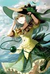  adapted_costume amulet bracelet cloud day dutch_angle floral_print frilled_skirt frilled_sleeves frills grass green_eyes hands_up hat horizon jewelry keiko_(mitakarawa) komeiji_koishi long_hair looking_at_viewer older open_mouth silver_hair skirt sky smile solo touhou water wind 