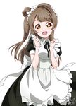  :d apron bangs black_ribbon brown_hair cafe_maid clenched_hands commentary_request dated dress frilled_apron frills highres long_hair looking_at_viewer love_live! love_live!_school_idol_project maid_headdress minami_kotori neck_ribbon one_side_up open_mouth ribbon short_sleeves signature simple_background smile solo takeya_yuuki white_background wonder_zone yellow_eyes 
