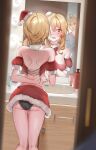  1boy 1girl aether_(genshin_impact) ass back bathroom black_panties blonde_hair blush caught cowboy_shot detached_sleeves embarrassed from_behind fur_collar genshin_impact hat highres indoors looking_at_another lumine_(genshin_impact) mayuma_(mayuma_0715) mini_hat mini_santa_hat nose_blush panties red_eyes red_skirt red_tube_top santa_costume santa_hat short_hair_with_long_locks short_sleeves sidelocks skirt solo_focus strapless sweat sweatdrop tube_top underwear wardrobe_malfunction 