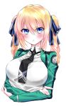  1girl angelina_kudou_shields black_necktie blonde_hair blue_eyes blue_ribbon blush breasts commentary_request dress first_high_school_uniform green_jacket hair_ribbon highres jacket large_breasts looking_at_viewer mahouka_koukou_no_rettousei mappe_(778exceed) necktie partial_commentary pout ribbon school_uniform simple_background solo twintails upper_body white_background white_dress 