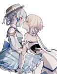  2girls arched_back bare_shoulders blonde_hair blush braid breasts butterfly_hair_ornament closed_eyes dress flower from_side genshin_impact grey_eyes grey_hair hair_flower hair_ornament highres ichigoumail imminent_kiss kamisato_ayaka kamisato_ayaka_(springbloom_missive) leaning looking_at_another lumine_(genshin_impact) multiple_girls parted_lips short_hair short_hair_with_long_locks sitting sleeveless sleeveless_dress tearing_up white_background white_dress white_flower yuri 