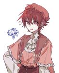  1boy absurdres alternate_costume beret braid cape corset grey_background hat highres maeno_aki male_focus mogaji pink_shirt red_cape red_corset red_eyes red_hair red_headwear shirt short_hair simple_background sketch solo tsugino_haru zeno_(game) 