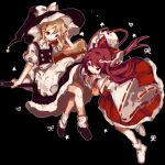  2girls :o apron ascot black_background black_headwear black_skirt black_vest blonde_hair bow braid broom broom_riding collared_shirt detached_sleeves floating floating_hair frilled_bow frilled_hair_tubes frilled_skirt frills hair_bow hair_tubes hakurei_reimu hand_on_own_head hat hat_bow heart highres kirisame_marisa long_hair looking_at_another loose_socks maid multiple_girls no_shoes pixel_art puffy_short_sleeves puffy_sleeves red_eyes red_hair red_skirt ribbon-trimmed_sleeves ribbon_trim rrrssr shirt short_sleeves single_braid skirt sleeveless sleeveless_shirt socks star_(symbol) touhou very_long_hair vest waist_apron white_bow white_socks wide_sleeves witch_hat yellow_ascot 