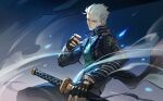  1boy blue_coat blue_eyes closed_mouth coat czyan14 devil_may_cry_(series) devil_may_cry_5 hair_slicked_back highres holding holding_sword holding_weapon katana male_focus solo sword vergil_(devil_may_cry) weapon white_hair yamato_(sword) 