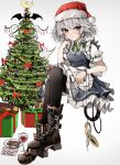  1girl absurdres apron black_pantyhose blue_skirt blue_vest boots box christmas christmas_tree cookie cup drinking_glass food gift gift_box hat highres holding holding_knife izayoi_sakuya knife letter maid_apron ougiikun pantyhose red_eyes santa_hat shirt sitting skirt solo touhou vest white_background white_hair white_shirt 