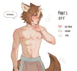  1boy animal_ears blush body_hair brown_hair cawchan dog_boy dog_ears dog_tail english_text genshin_impact gorou_(genshin_impact) grey_eyes hair_between_eyes heart highres like_and_retweet male_focus meme multicolored_hair navel nipples pants scar solo stomach streaked_hair tail topless_male twitter_strip_game_(meme) white_hair 