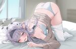  1girl amyu_(amm_asl_pa) bed bed_sheet black_hairband blue_archive blue_bra blue_panties blush bra breasts brown_jacket clothes_pull flower grey_hair grey_halo hair_flower hair_ornament hairband halo highres himari_(blue_archive) indoors jacket long_hair long_sleeves mole mole_under_eye one_eye_closed open_mouth panties pantyhose pantyhose_pull pointy_ears purple_eyes small_breasts solo underwear white_flower white_pantyhose window 