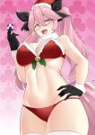  1girl absurdres animal_ear_fluff bare_shoulders black_bow black_gloves blush bow bra breasts cleavage fate/grand_order fate_(series) fox_tail fur_collar glasses gloves hair_between_eyes hair_bow hat highres koyanskaya_(fate) kuroeart large_breasts long_hair looking_at_viewer navel open_mouth panties pink_hair poker_chip red_bra red_panties santa_hat sidelocks smile tail tamamo_(fate) thighhighs thighs twintails underwear white_thighhighs yellow_eyes 