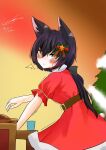  belt black_bow black_hair black_serval_(kemono_friends) blush bow brown_belt dress frilled_sleeves frills fur_collar fur_trim green_bow hair_between_eyes hair_bow highres kemono_friends long_hair looking_at_viewer low_ponytail ponytail red_bow red_dress santa_costume shironappa_46 short_sleeves sidelocks sweatdrop two-tone_bow white_fur yellow_eyes 