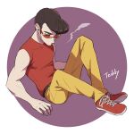  1boy black_hair character_name cigarette highres male_focus mother_(game) mother_1 mouth_hold pants pompadour red-tinted_eyewear red_footwear red_shirt round_image shifumame shirt short_sleeves sitting smoke smoking solo teddy_(mother) tinted_eyewear yellow_pants 