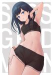  1girl absurdres arm_up black_hair black_sports_bra blue_eyes border breasts calvin_klein check_commentary commentary commentary_request commission curvy eyelashes gridman_universe gridman_universe_(film) hair_over_shoulder hand_in_own_hair hand_on_own_thigh highres lips looking_at_viewer midriff navel sasasa_r_23 scrunchie short_shorts shorts simple_background skeb_commission small_breasts smile sports_bra ssss.gridman stomach sweat takarada_rikka text_background thighs white_border wide_hips wrist_scrunchie 