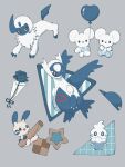  absol animal_focus balloon blue_flower blue_rose blue_theme claws flower grey_background horns latios mane minun mouse no_humans pokemon pokemon_(creature) red_eyes rose simple_background single_horn sumi_fms tail tandemaus vanillite white_fur wings 