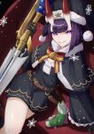  1girl absurdres bell black_dress black_gloves black_headwear breasts dress eyeliner fate/grand_order fate_(series) gloves grin highres horns izanaware_game jingle_bell long_sleeves looking_at_viewer makeup oni oni_horns purple_eyes purple_hair santa_costume short_hair shuten_douji_(fate) skin-covered_horns small_breasts smile solo sword weapon 