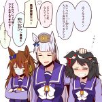  3girls =_= ahoge animal_ears black_hair blue_bow blunt_bangs bob_cut bow bowtie brown_hair crying ear_bow flower_ornament gold_ship_(umamusume) grey_hair hair_ribbon highres horse_ears horse_girl horseshoe_ornament kitasan_black_(umamusume) long_hair long_sleeves mask messy_hair mouth_mask multicolored_hair multiple_girls orfevre_(umamusume) pillbox_hat purple_serafuku purple_shirt red_ribbon ribbon sailor_collar sailor_shirt school_uniform serafuku shirt short_hair simple_background streaked_hair tracen_school_uniform translated two-tone_hair umamusume white_background white_bow white_bowtie white_hair yonedatomo_mizu 