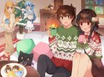  1boy 3girls aqua_(konosuba) black_hair blonde_hair blue_hair brown_hair chomusuke christmas_tree darkness_(konosuba) fireplace hair_ornament helmet highres indoors jacket kono_subarashii_sekai_ni_shukufuku_wo! megumin multiple_girls ponytail red_eyes satou_kazuma space_helmet track_jacket winter x_hair_ornament yuno_(suke_yuno) 