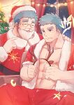  2boys alternate_costume animal_costume bara bare_pectorals blush christmas christmas_tree crave_saga fake_beard fake_facial_hair feet_out_of_frame glasses hat highres huge_eyebrows indoors jeffrey_(crave_saga) jeron_(crave_saga) large_pectorals light_blush male_focus mature_male multiple_boys navel nipples pectorals plump poteto02888292 red_headwear reindeer_costume round_eyewear santa_costume santa_hat short_hair smile snowflakes spread_legs toned toned_male 