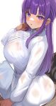  1girl blunt_bangs blush breasts buttons collar dress fern_(sousou_no_frieren) frilled_collar frills highres large_breasts long_dress long_hair long_sleeves looking_at_viewer parted_lips purple_eyes purple_hair see-through see-through_dress shiitake_taishi sidelocks sitting solo sousou_no_frieren straight_hair white_dress 