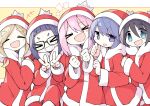  &gt;_&lt; 5girls :d asameshi blonde_hair blue_eyes blue_hair double_v glasses hat highres inuyama_aoi jacket kagamihara_nadeshiko multiple_girls oogaki_chiaki pants pink_hair red_jacket red_pants saitou_ena santa_costume santa_hat shima_rin smile v xd yurucamp 