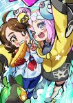  2girls ;d absurdres ahoge blue_pants blush_stickers bow-shaped_hair braid bright_pupils brown_eyes brown_hair character_hair_ornament collared_shirt commentary_request eyelashes food green_hair grey_shirt hair_ornament highres iono_(pokemon) jacket juliana_(pokemon) kingin knees long_hair multicolored_hair multiple_girls ogerpon one_eye_closed open_mouth pants pink_hair pokemon pokemon_(creature) pokemon_sv shirt sleeveless sleeveless_shirt smile tadbulb thigh_strap two-tone_hair v white_pupils yellow_jacket 