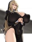  1girl black_dress blonde_hair breasts cleavage cleavage_cutout clothing_cutout covered_navel covered_nipples dress groin habit highres houtengeki huge_breasts huge_nipples long_hair long_sleeves nun open_mouth original pelvic_curtain praying puffy_nipples red_eyes solo teeth thighs upper_teeth_only 