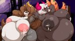 2022 2_horns abstract_background anthro areola big_areola black_areola black_nipples black_sclera blue_eyes bodily_fluids brown_eyes brown_hair buckteeth crown duo eyebrow_through_hair eyebrows female fur generation_5_pokemon grey_body grey_fur hair headgear hi_res horn huge_belly hurikata lactating lagomorph leporid mammal mostly_nude navel night nintendo nipples nude open_mouth outie_navel pink_areola pink_nipples pokemon pokemon_(species) pregnant pregnant_female rabbit teeth tongue translucent translucent_hair volcarona white_body white_fur white_hair wide_hips wings