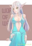  absurdres arm_support artist_name bare_shoulders blood_elf blue_dress breasts cleavage dress elf green_eyes heart_cutout highres hip_bones hip_vent lips long_eyebrows long_hair medium_breasts navel navel_cutout no_bra pointy_ears silver_hair sitting solo warcraft world_of_warcraft you_hu_xiao_lang 