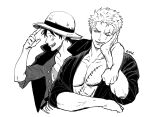  2boys coat coat_on_shoulders furrowed_brow hand_on_another&#039;s_shoulder hand_on_own_cheek hand_on_own_face hat looking_at_another looking_to_the_side male_focus monkey_d._luffy monochrome multiple_boys muscular nok_(nok_1) one_eye_closed one_piece open_clothes open_shirt pectoral_cleavage pectorals roronoa_zoro scar scar_on_chest scar_on_face shirt short_hair signature smile straw_hat toned toned_male 