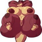  2017 alpha_channel anthro big_breasts big_butt blush breasts butt claws dinosaur feet female green_eyes huge_breasts huge_butt impaledwolf lips looking_at_viewer mature_female overweight presenting pussy red_scales scales slightly_chubby theropod thick_thighs 