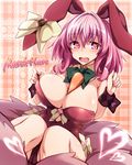  animal_ears bow bowtie breasts bunny_ears bunnysuit cameltoe carrot character_name curly_hair detached_collar ear_ribbon eyebrows_visible_through_hair heart heart-shaped_pupils huge_breasts looking_at_viewer march_hare_(monster_girl_encyclopedia) monster_girl_encyclopedia open_mouth pink_eyes pink_hair plaid plaid_background runaru solo symbol-shaped_pupils wrist_cuffs 