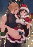  1boy 1girl befirst_b black_hair blonde_hair blue_eyes blurry blurry_background capelet carrying christmas christmas_tree cloud_strife final_fantasy final_fantasy_vii final_fantasy_vii_ever_crisis fur-trimmed_capelet fur-trimmed_gloves fur-trimmed_headwear fur-trimmed_skirt fur_trim gloves hat highres holly_hat_ornament looking_at_another night official_alternate_costume princess_carry red_capelet red_eyes santa_hat skirt sleeveless sleeveless_turtleneck spiked_hair suspenders sweater thighs tifa_lockhart tifa_lockhart_(fairy_of_the_holy_flame) turtleneck turtleneck_sweater 