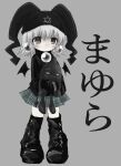  1girl absurdres bat_wings black_footwear black_headwear black_sweater blush_stickers boots chibi full_body grey_background grey_eyes grey_skirt hat hexagram highres jester_cap kennin5 large_earrings mayura plaid plaid_skirt skirt solo star_of_david sweater translation_request ukagaka white_hair wings 