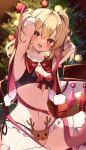  1girl armpits arms_up blonde_hair blush breasts capelet christmas christmas_ornaments christmas_tree crystal flandre_scarlet gloves hair_between_eyes highres long_hair looking_at_viewer navel one_side_up open_mouth red_capelet red_eyes red_gloves small_breasts smile solo touhou wings yuineko 