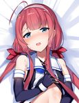  ahoge blue_eyes elbow_gloves fingerless_gloves gloves hair_ribbon hairband kantai_collection kawakaze_(kantai_collection) long_hair looking_at_viewer lying on_back open_mouth orihi_chihiro red_hair ribbon school_uniform solo steam twintails 
