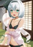  1girl 9150namihana absurdres black_bra black_hairband black_panties blurry blurry_background blush bow bow_bra bow_panties bra dress_shirt embarrassed flat_chest green_eyes hairband highres indoors konpaku_youmu konpaku_youmu_(ghost) looking_at_viewer medium_hair midriff navel open_clothes open_mouth open_shirt panties red_bow shirt solo standing stomach touhou underwear white_hair white_shirt 