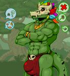 abs absurd_res bodily_fluids bottomwear bulge clothing crossed_arms hi_res loincloth male male/male muscular pecs scalie sweat terraria velvetdraw witch_doctor_(terraria)