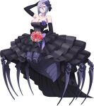  1girl arachne arthropod_girl artist_request bare_shoulders black_dress black_gloves bouquet breasts carapace cleavage dress elbow_gloves extra_eyes flower game_cg gloves hair_between_eyes hair_flower hair_ornament holding holding_bouquet large_breasts looking_at_viewer monster_girl monster_musume_no_iru_nichijou monster_musume_no_iru_nichijou_online official_alternate_costume official_art purple_flower purple_hair rachnera_arachnera red_eyes red_flower short_hair smile solid_eyes solo spider_girl taur transparent_background 