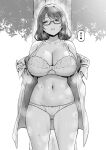  1girl bra breasts cleavage clothes_pull glasses greyscale highres huge_breasts lingerie looking_at_viewer medium_hair monochrome navel original outdoors panties pulled_by_self semi-rimless_eyewear sky-freedom solo sweat translation_request tree underwear undressing 