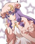  1girl blue_ribbon blunt_bangs blush bun_cover capelet commentary crescent crescent_hat_ornament double_bun dress frilled_capelet frills hair_bun hair_ribbon hat hat_ornament hat_ribbon highres long_hair looking_at_viewer mob_cap patchouli_knowledge pink_capelet pink_headwear pink_robe purple_eyes purple_hair red_ribbon ribbon robe rokugou_daisuke sidelocks smile solo starry_background striped striped_dress touhou upper_body v vertical-striped_dress vertical_stripes white_background white_dress yellow_ribbon 