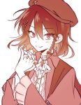  1girl ascot beret blush braid cape cross durum2_2 genderswap genderswap_(mtf) grey_background hat long_sleeves looking_at_viewer maeno_aki medium_hair pink_nails red_cape red_eyes red_hair red_headwear solo white_ascot zeno_(game) 