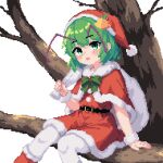  1girl 999_(hansode) antennae bare_tree bell belt black_belt blush capelet green_eyes green_hair holding holding_sack open_mouth pantyhose pixel_art pom_pom_(clothes) red_capelet red_headwear sack short_hair simple_background sitting solo touhou tree white_background white_pantyhose wriggle_nightbug 