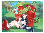  1girl alolan_exeggutor apple belt blue_sky border breasts brown_hair commentary_request drooling eyelashes food fruit glassy0302 highres hydrapple kuraishi_rinngo large_breasts long_hair on_grass outdoors pokemon pokemon_(creature) pokemon_sv shoes shorts sky sleeping tail terapagos white_border white_footwear white_shorts worm zzz 