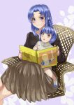  2girls :o artoria_pendragon_(fate) black_shirt blue_eyes blue_hair blush book brown_skirt child fate/hollow_ataraxia fate/stay_night fate_(series) grey_sweater highres holding holding_book long_hair long_skirt medea_(fate) mother_and_daughter multiple_girls on_chair open_book pointy_ears saber_(fate) shirt short_hair sitting skirt smile sweater yuki_tarou 
