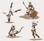 anthro axe bow_(weapon) crouching felid feline female group hi_res hiro_(spectronic) lynx male mammal melee_weapon mira_(spectronic) polearm ranged_weapon shield sitting spear spectronic standing_on_one_hand stretching weapon