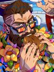  1boy alternate_costume arm_hair bara beard breaking_spine burger character_request eating facial_hair food food_focus from_above full_beard graves_(league_of_legends) hair_tattoo holding holding_food large_pectorals league_of_legends looking_at_viewer looking_over_eyewear male_focus mature_male muscular muscular_male old old_man pectoral_cleavage pectorals scar short_hair solo_focus sunglasses thick_beard thick_eyebrows undercut wrinkled_skin 