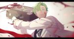 1boy black_gloves blood blood_on_clothes blood_on_face blood_splatter formal gloves green_eyes green_hair highres holding holding_suitcase jacket lamoon0703 long_sleeves looking_at_viewer male_focus nu_carnival olivine_(nu_carnival) short_hair suit suitcase upper_body white_jacket white_suit 