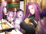  4girls blush breasts burger eating euryale_(fate) fate/grand_order fate/hollow_ataraxia fate/stay_night fate_(series) food forehead french_fries gorgon_(fate) large_breasts long_hair medusa_(fate) medusa_(rider)_(fate) minami_koyogi multiple_girls open_mouth parted_bangs purple_eyes purple_hair sidelocks small_breasts smile snake_hair stheno_(fate) twintails very_long_hair 