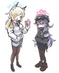  2girls absurdres animal_ear_fluff animal_ears armband badge black_footwear black_jacket black_pantyhose blonde_hair blue_archive blue_eyes blue_halo blue_necktie boots cosplay costume_switch doughnut food fubuki_(blue_archive) hair_between_eyes hair_over_one_eye halo hands_in_pockets hat high_heel_boots high_heels highres holding holding_food jacket kanna_(blue_archive) long_hair long_sleeves looking_at_viewer multiple_girls necktie pantyhose peaked_cap pink_halo police police_badge police_uniform policewoman purple_armband purple_hair red_eyes sharp_teeth shoeguy shoes simple_background skirt sneakers standing teeth uniform walkie-talkie white_background white_jacket 